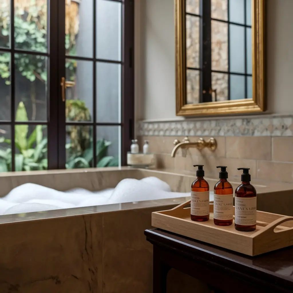 A luxurious bathroom setup featuring a bath with natural Ylang Ylang products