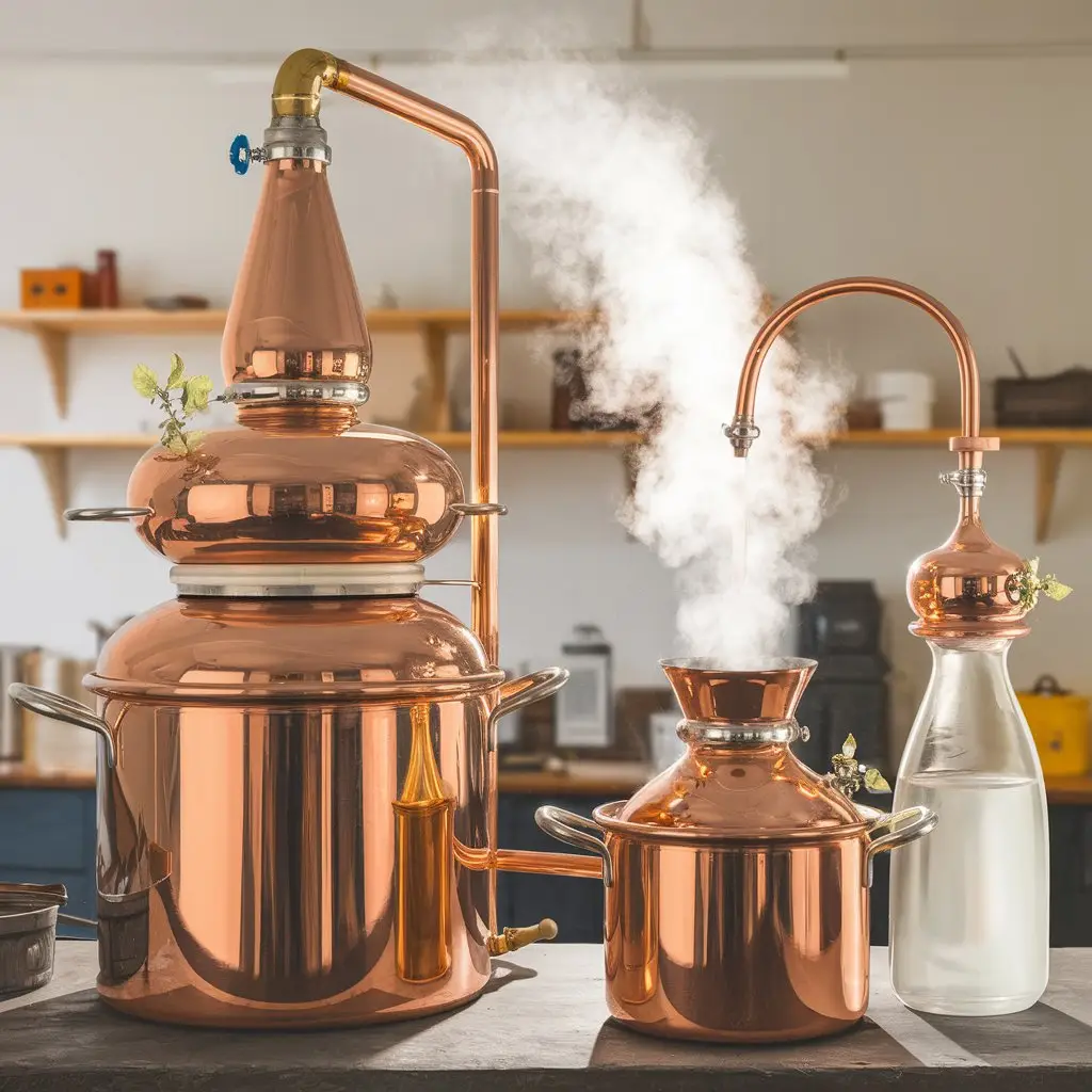 A photo-realistic depiction of the steam distillation process used for extracting essential oils, complete with copper distillation equipment