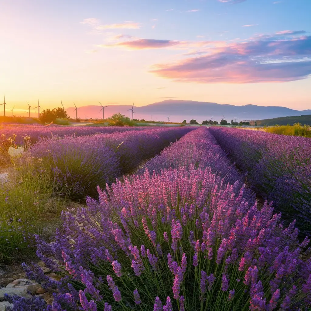 A serene French lavender field at sunset