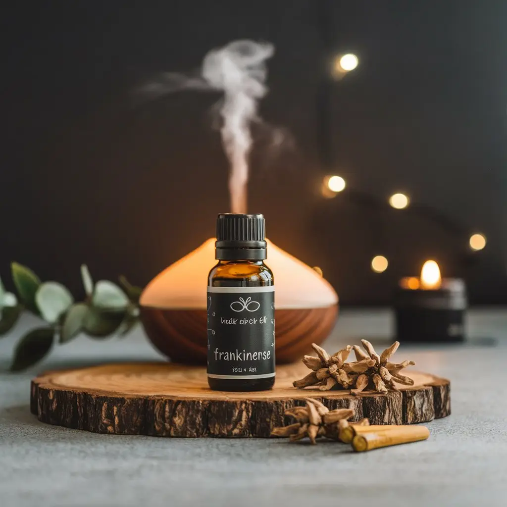 A serene aromatherapy setting with a diffuser and Frankincense oil, exuding tranquility