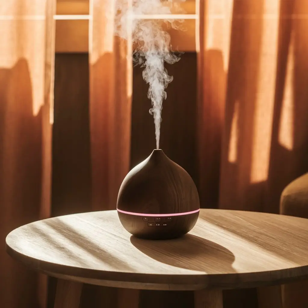A serene room with a diffuser releasing Rosewood Essential Oil’s inviting aroma, placed on a wooden table, evoking warmth and tranquility.