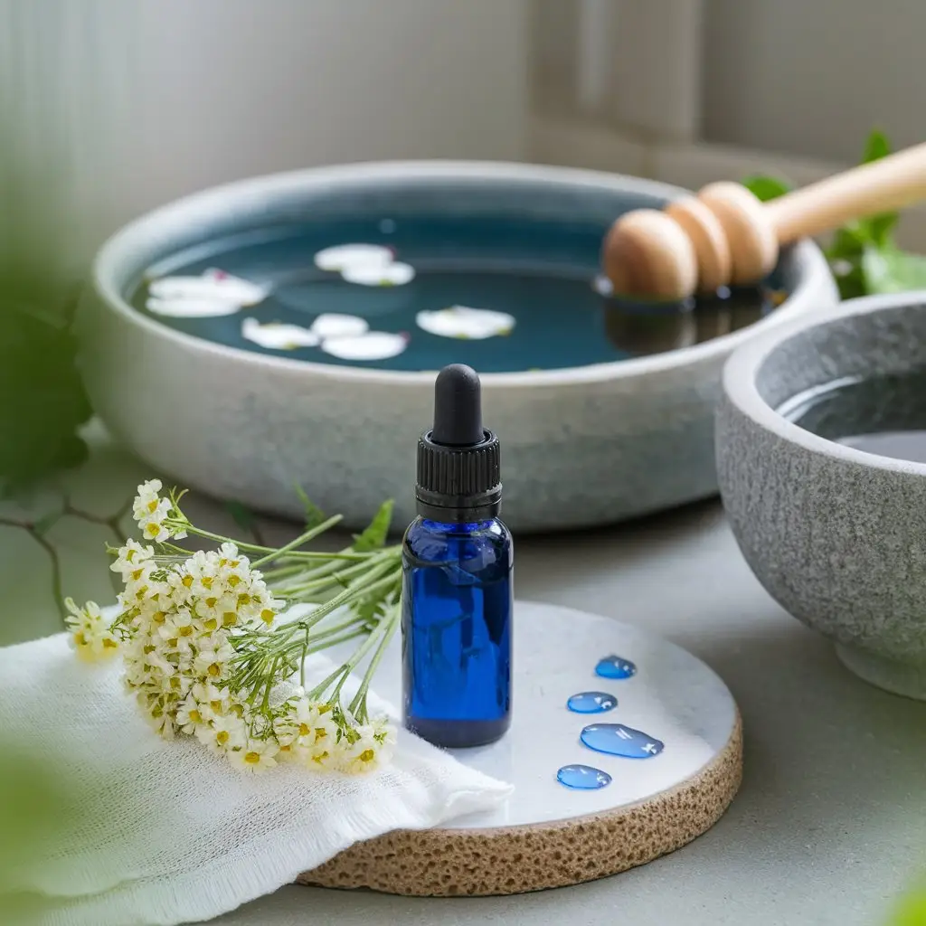 A serene setting of a spa, with a bottle of Yarrow Blue Oil and fresh yarrow stems