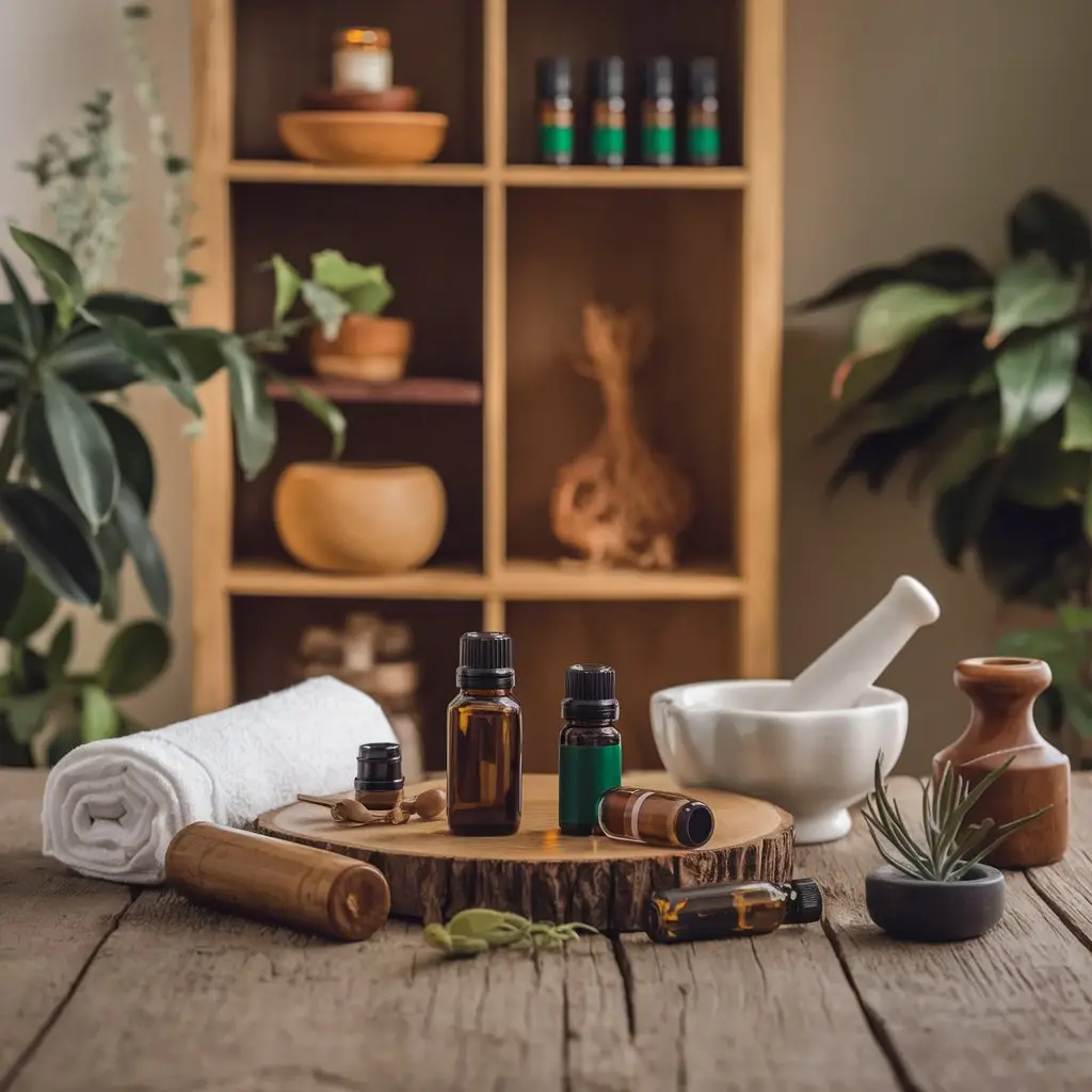 A serene spa setting with various essential oils, showcasing home blending.