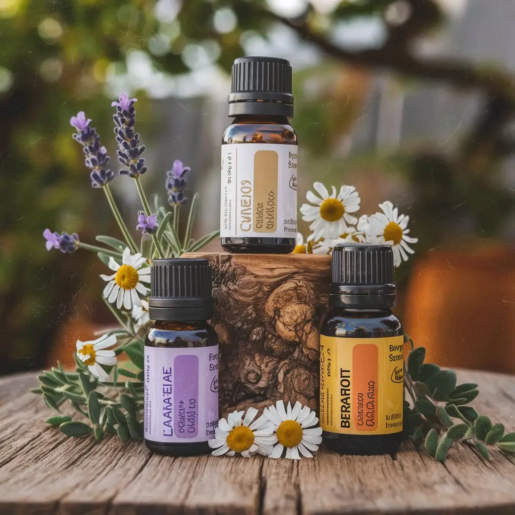 A set of essential oil bottles, including lavender, chamomile, and bergamot