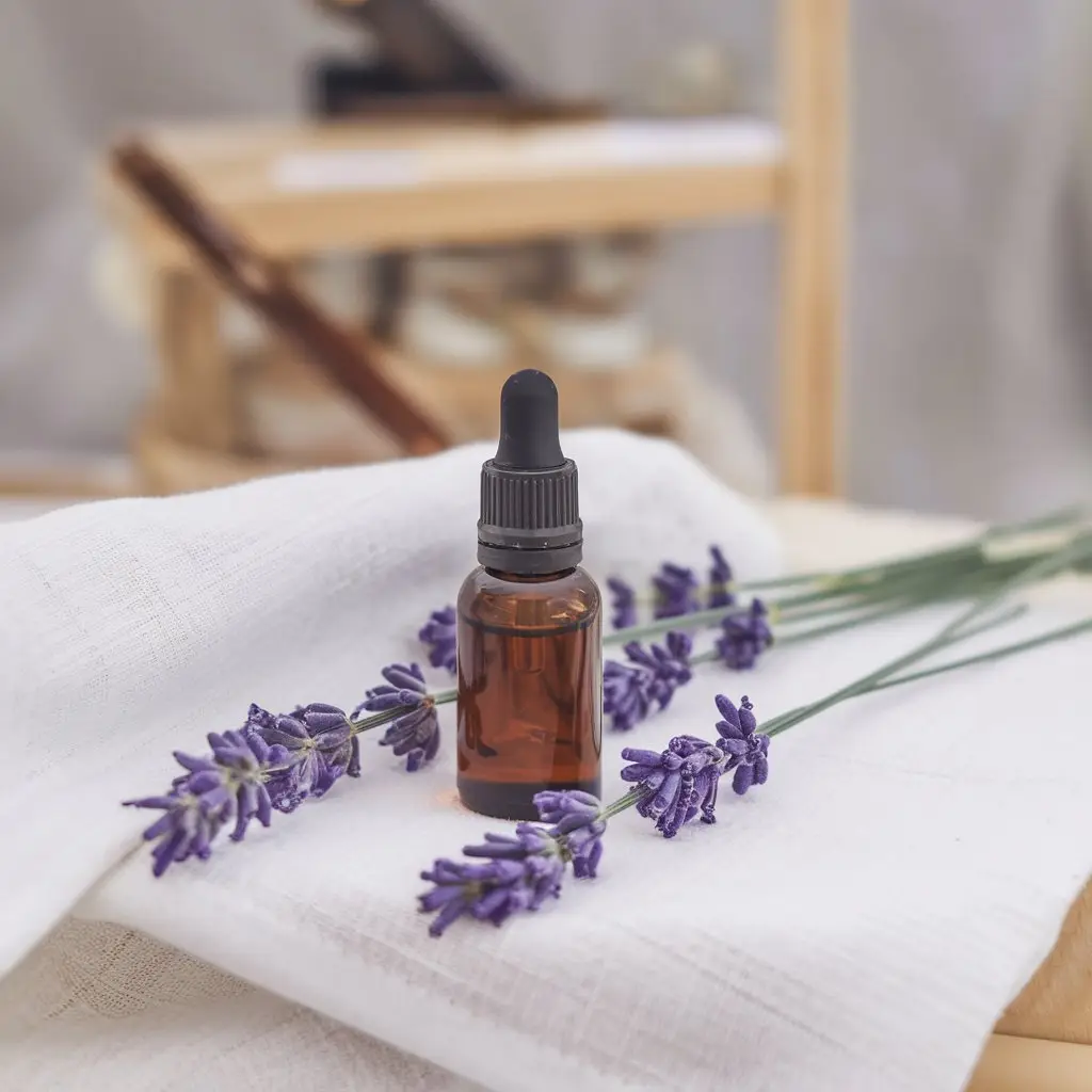 A still-life arrangement featuring a dropper bottle of lavender oil, alongside sprigs of fresh lavender