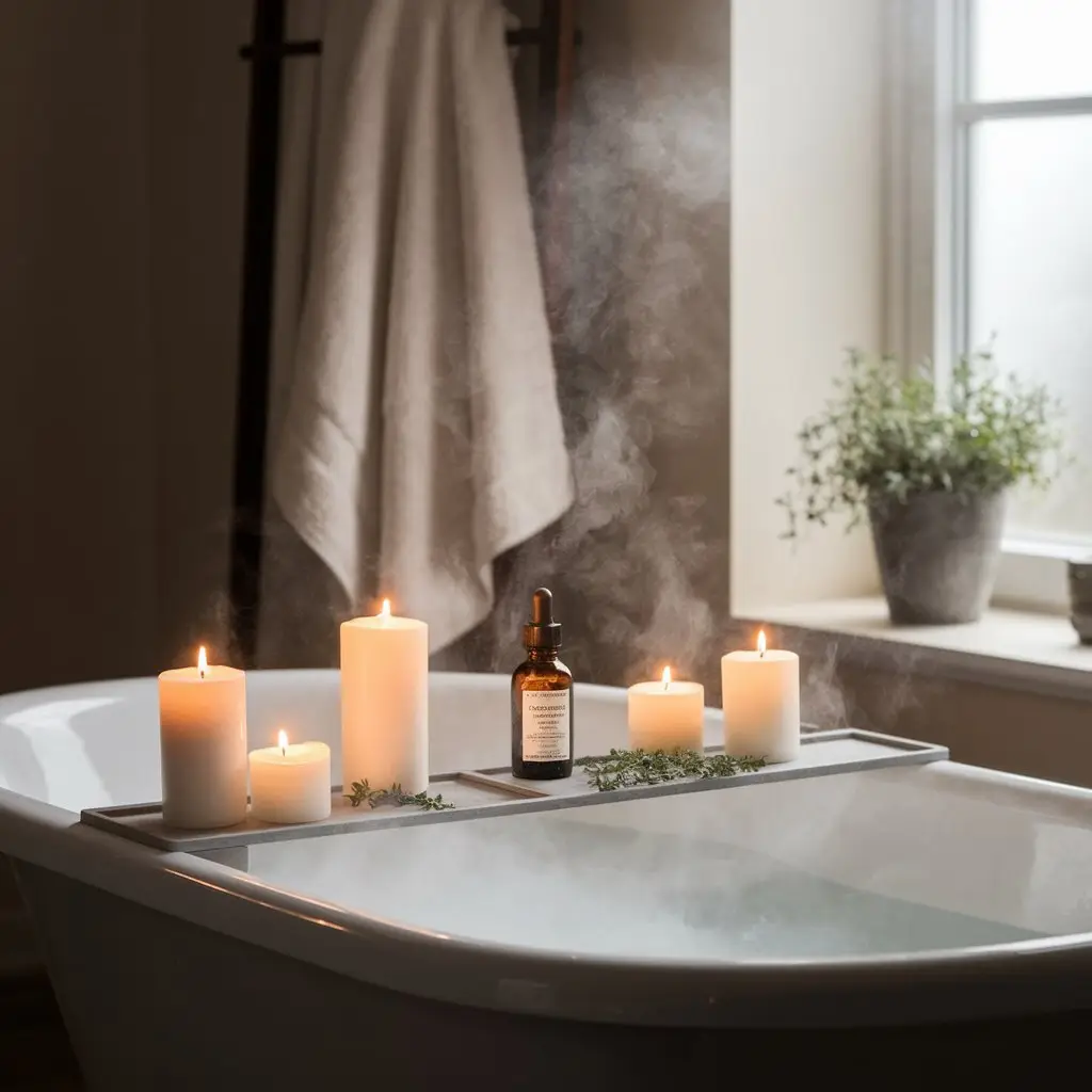 A tranquil bathroom setting with candlelight, a bathtub filled with soothing water misted with thyme oil, capturing the relaxation benefits of the essential oil.