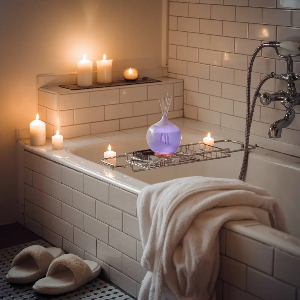 A tranquil bathroom setting with lit candles and lavender oil in a diffuser, invoking a spa-like ambiance.