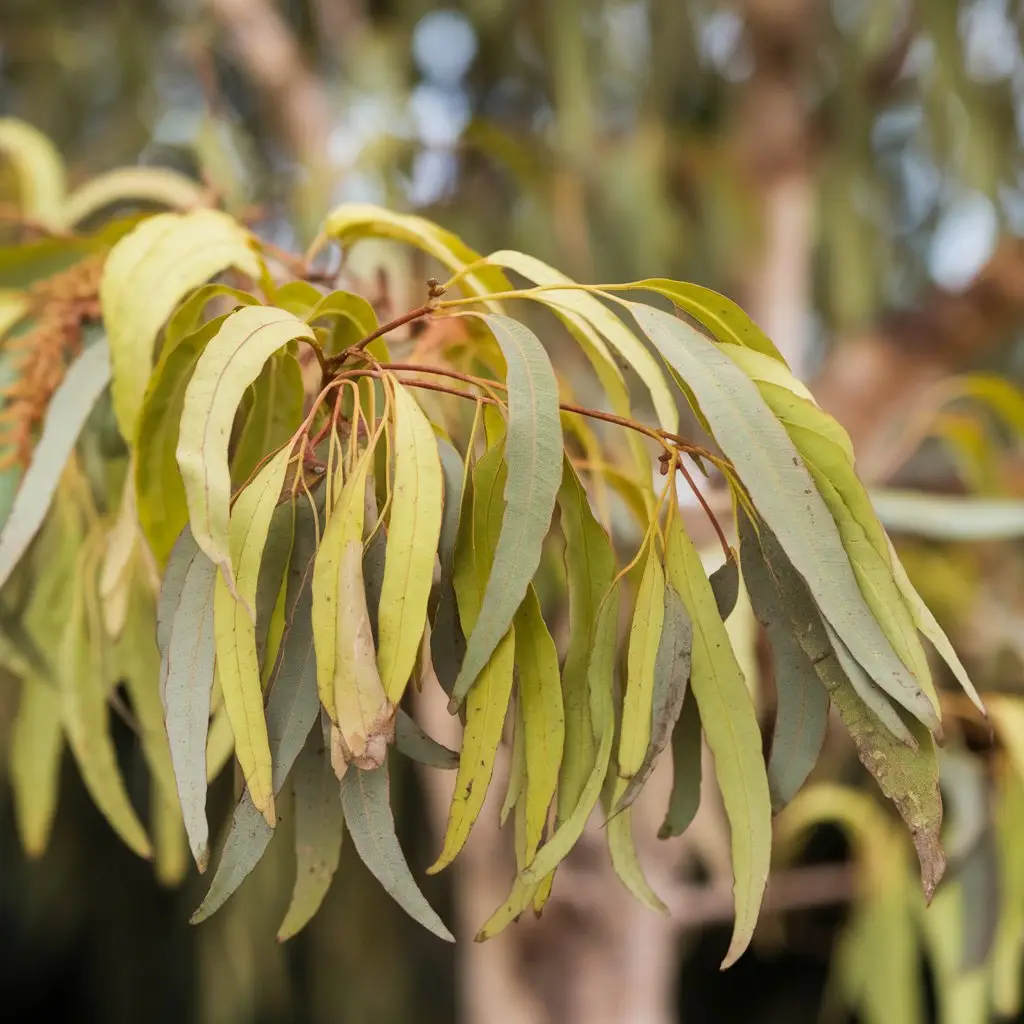 A vivid, close-up shot of Eucalyptus Staigeriana leaves, highlighting their texture and lemon-like color