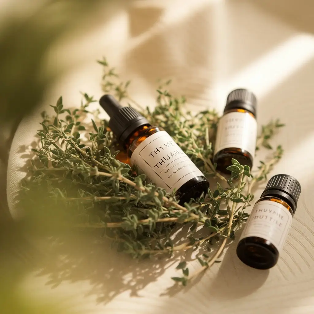 An aesthetic flat lay of thyme thujanol bottle surrounded by fresh thyme and other blend oils.