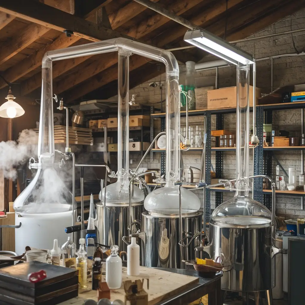 An artisan distiller's workshop with clean glass apparatus used for extracting essential oils