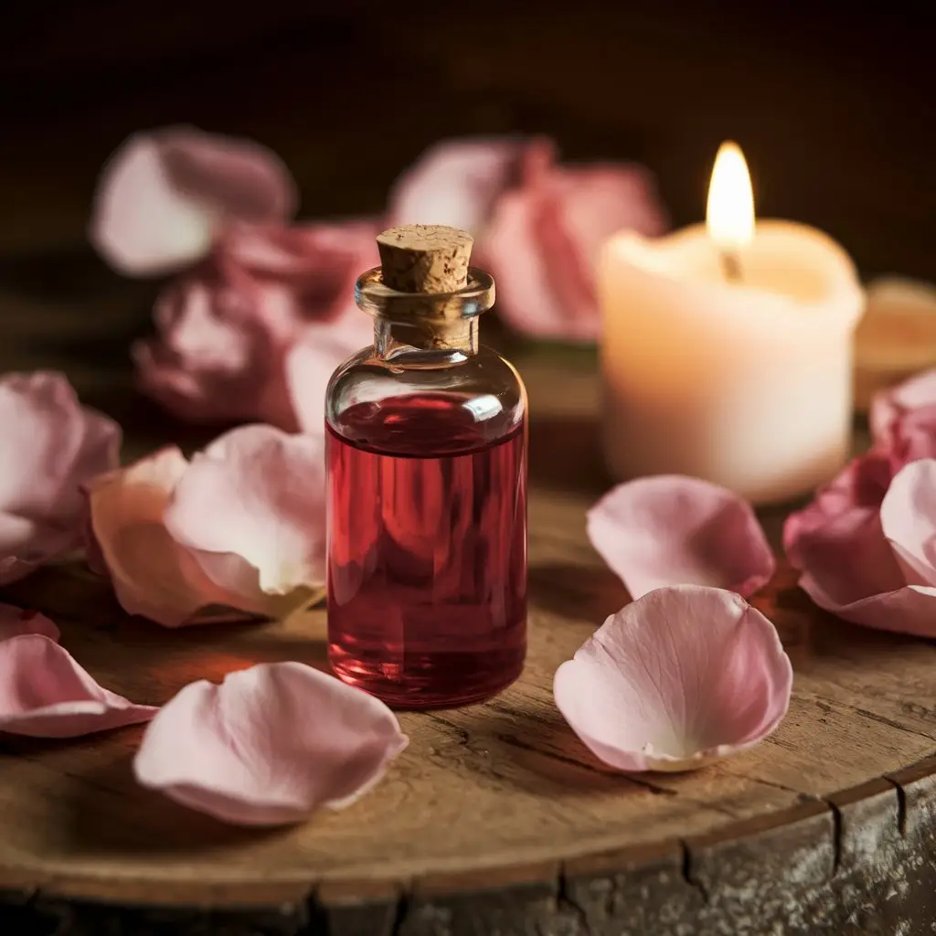 An elegant glass vial of Rose Otto oil on a wooden table surrounded by rose petals and soft candlelight, emphasizing its use in aromatherapy