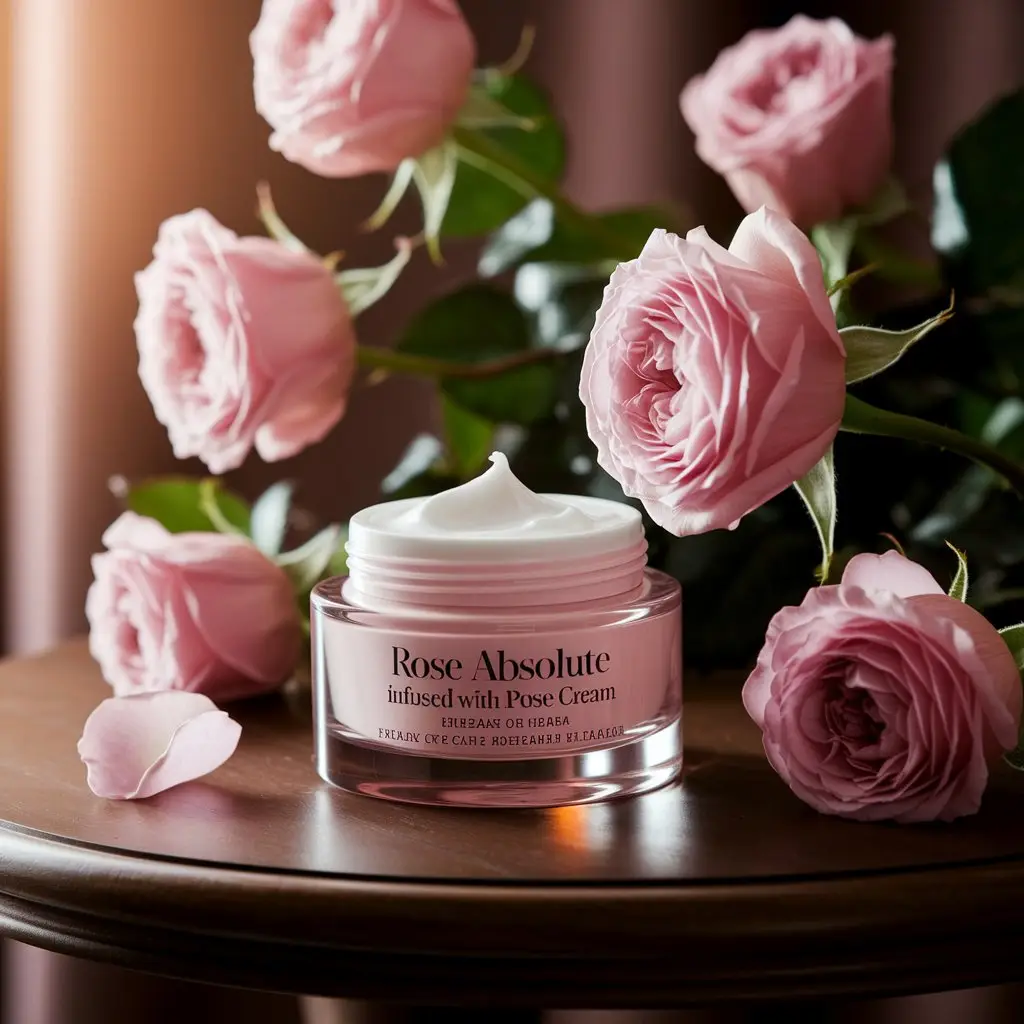 An elegant jar of cream infused with Rose Absolute, with fresh roses in the background, emphasizing its role in skincare.