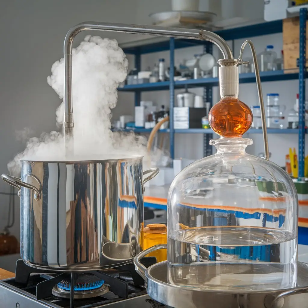 An image of the steam distillation process used to extract the essential oil, showcasing the machinery and captured essence