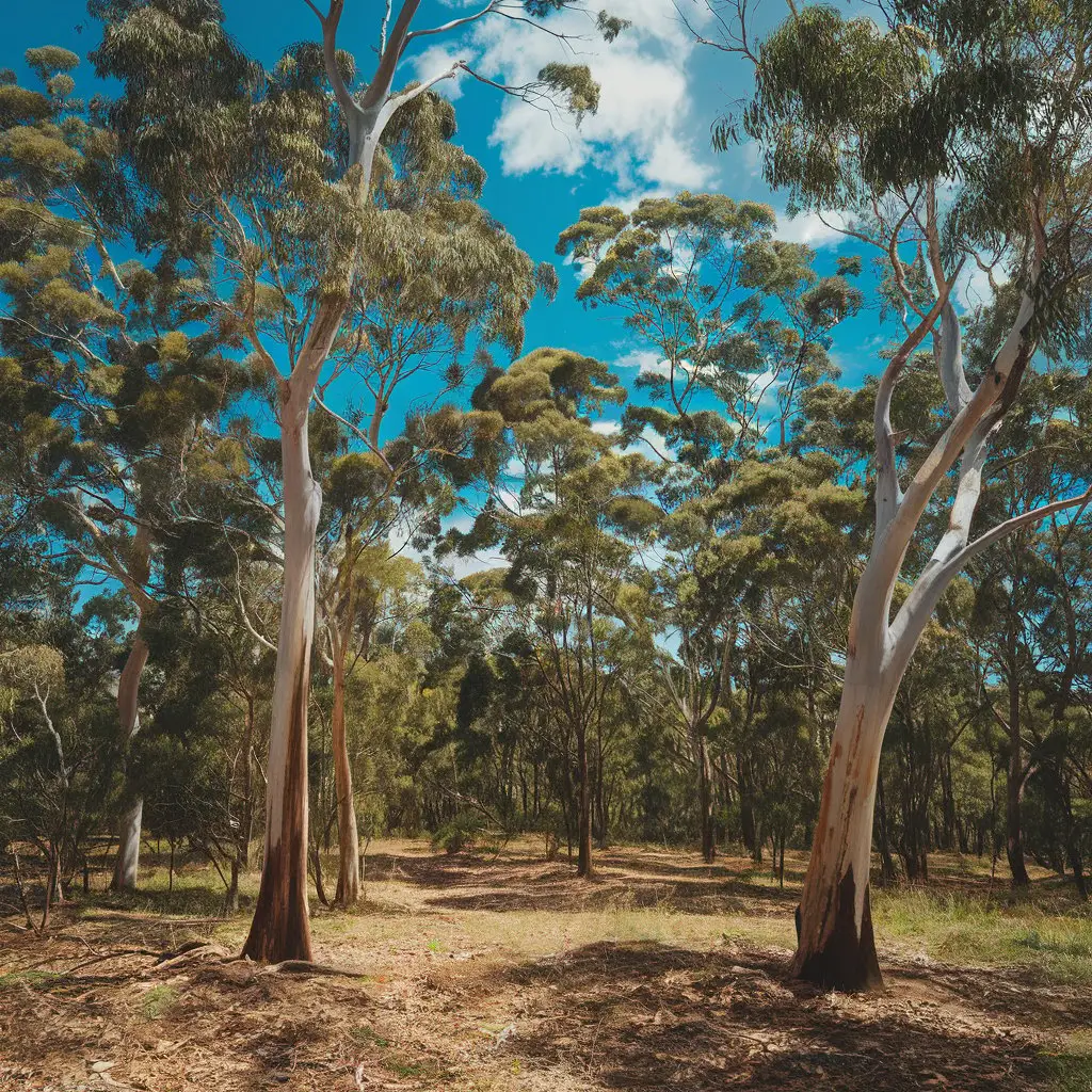 An immersive image of an Australian Eucalyptus forest, capturing the dense foliage and sunny ambiance that characterize the plant's native habitat