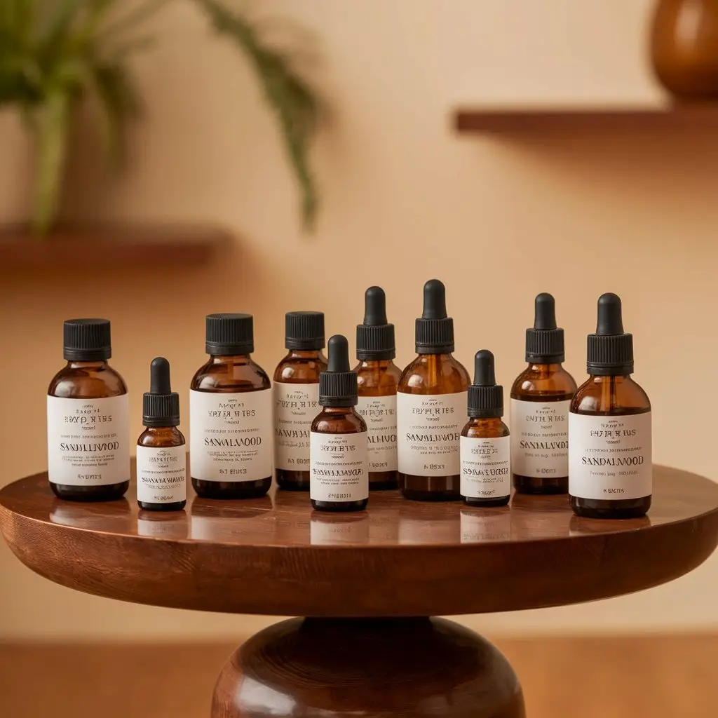 An intricate design of a wooden table displaying Sandalwood oil blends and ingredients—captures the blending versatility.