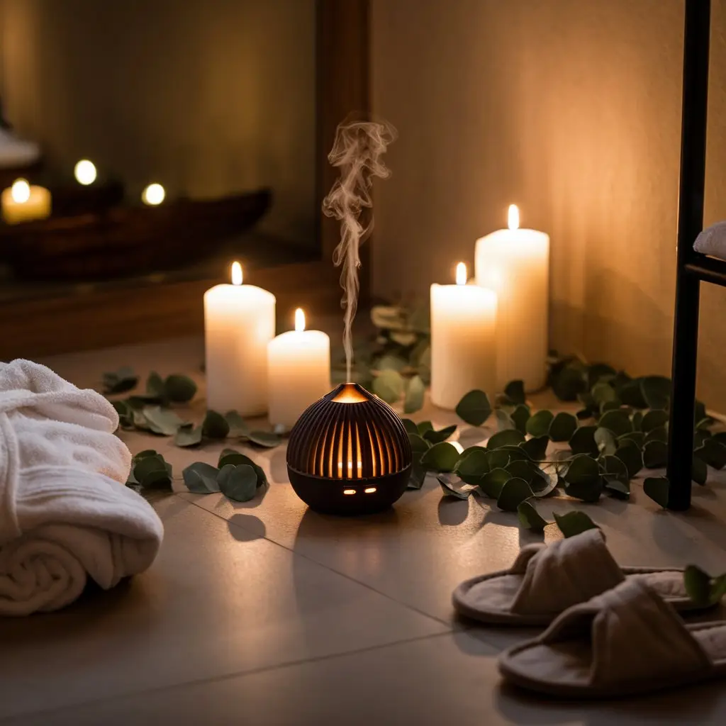 An inviting spa setting with eucalyptus leaves scattered around candles and a small essential oil diffuser emitting a faint vapor, illustrating relaxation.