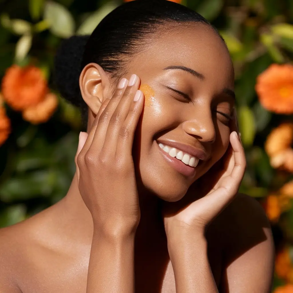Close-up of a smiling woman massaging Mandarin Red essential oil into her skin, soft lighting, natural-looking, realistic.
