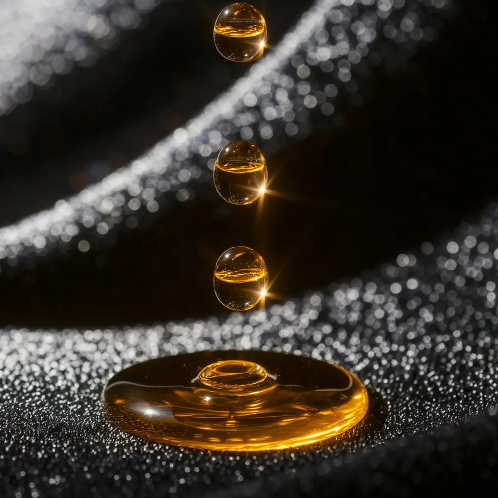 Close-up of freshly distilled Ylang Ylang Extra Essential Oil drops, showcasing its rich golden color and viscous texture