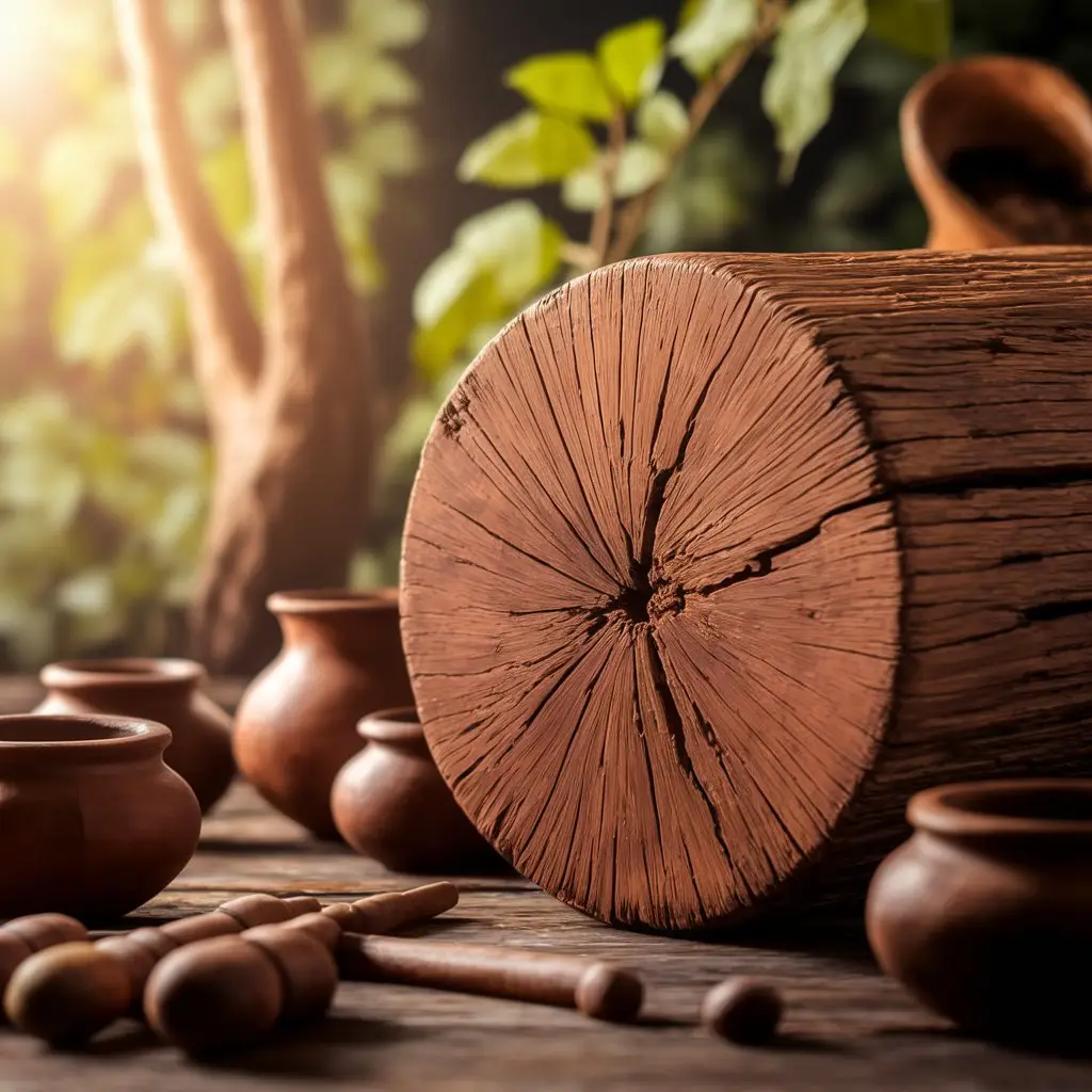 Detailed close-up of Sandalwood heartwood ready for oil extraction—emphasizes the traditional extraction process.