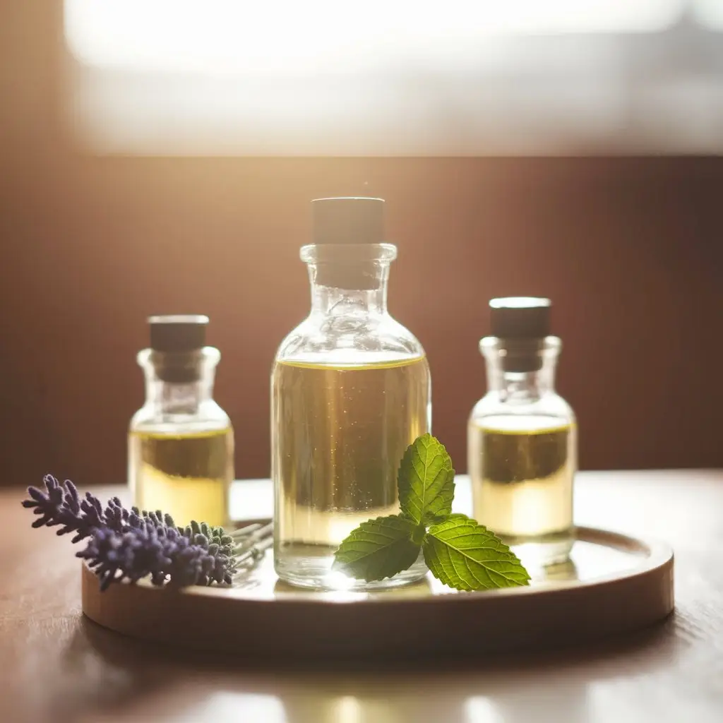 Show mint essential oil with complementary oils—lavender, eucalyptus—on a wooden table in natural light