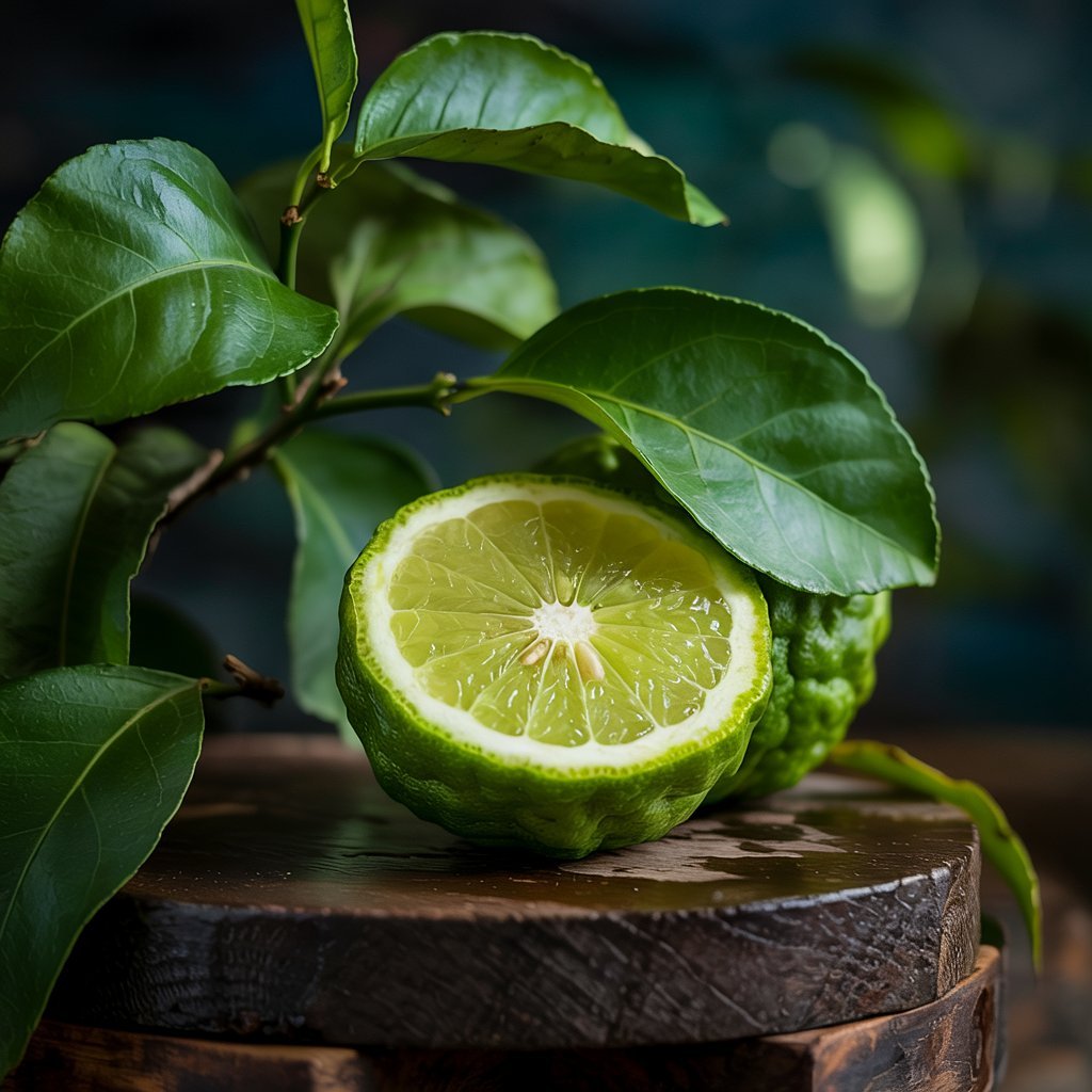 A close-up shot of a bergamot fruit with leaves, with a calming background, extremely photo-realistic.