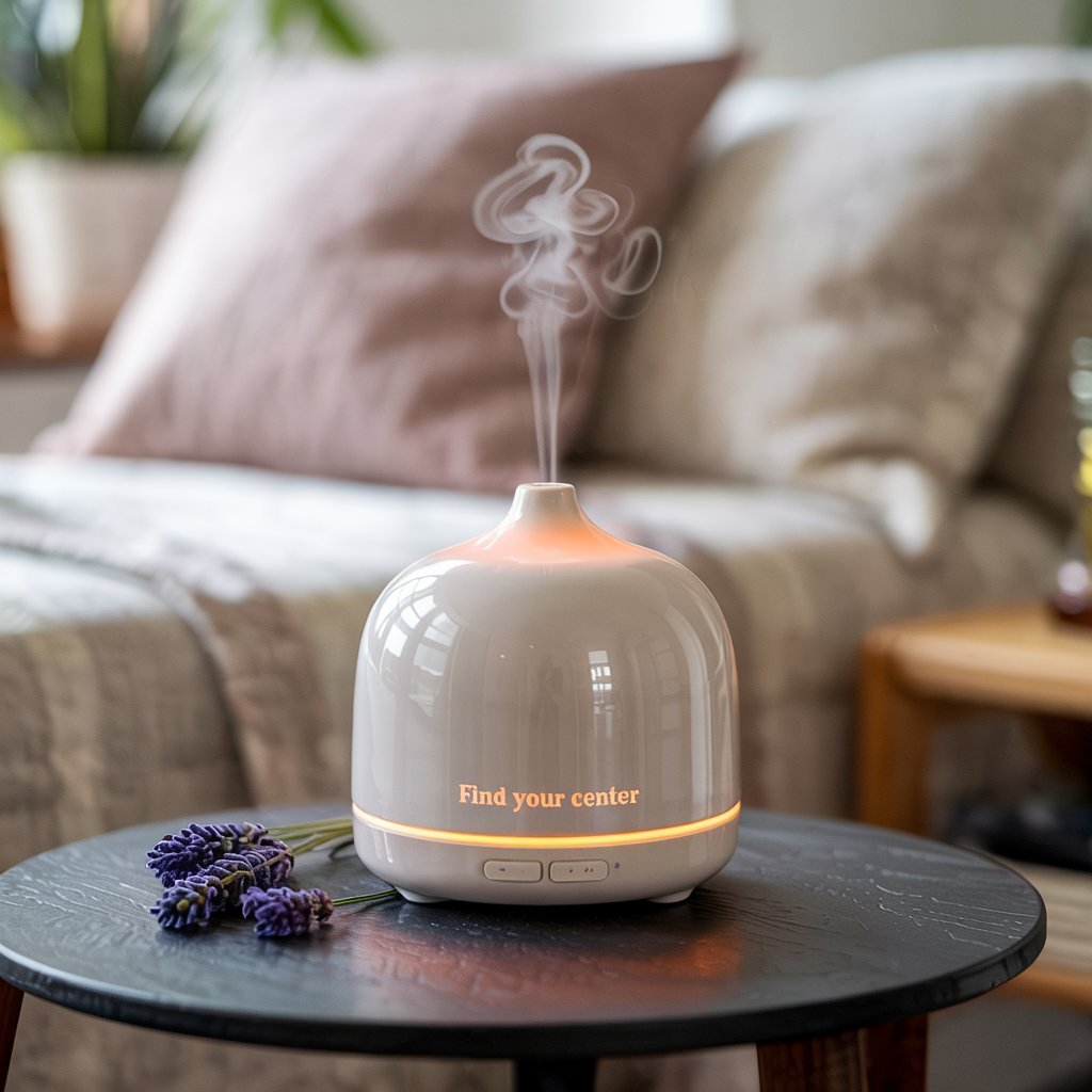 A close-up shot of a diffuser with a gentle mist and essential oils, conveying readiness for meditation.