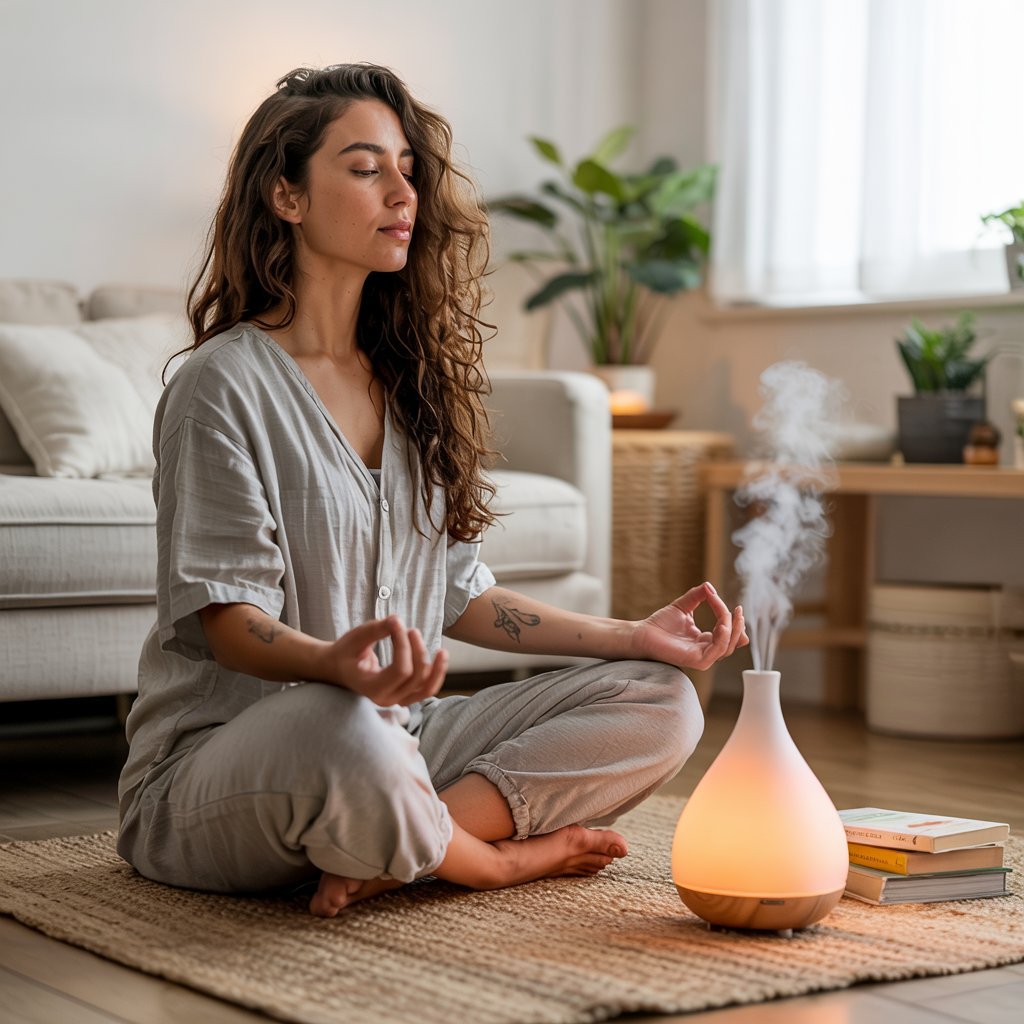 A person meditating with a diffuser nearby, illustrating practical use.