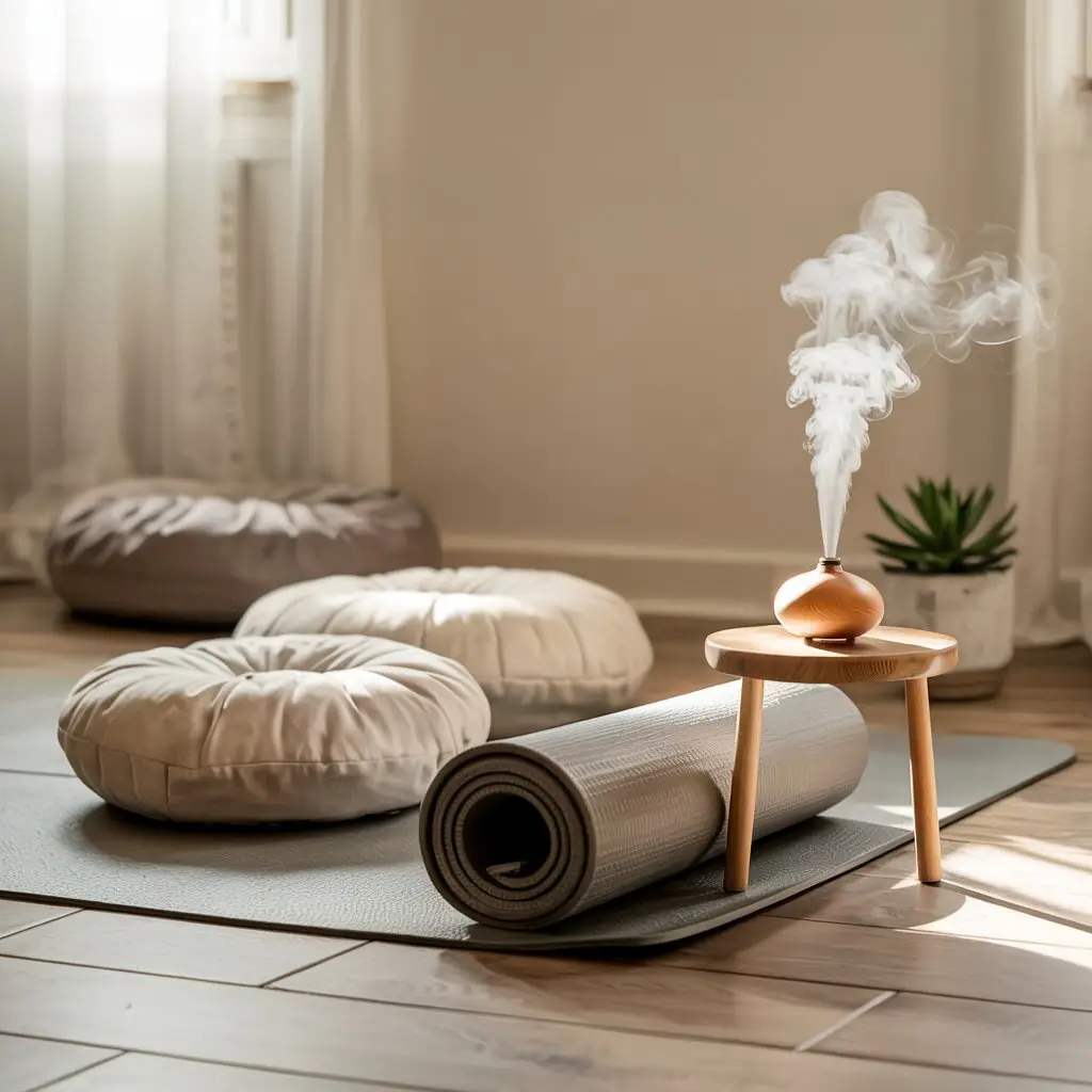 A serene meditation space with a yoga mat, cushions, and essential oils, showing a clutter-free setup.