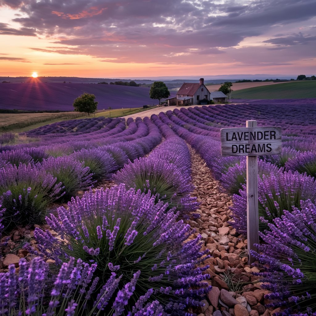 A serene setting with lavender fields under a sunset sky