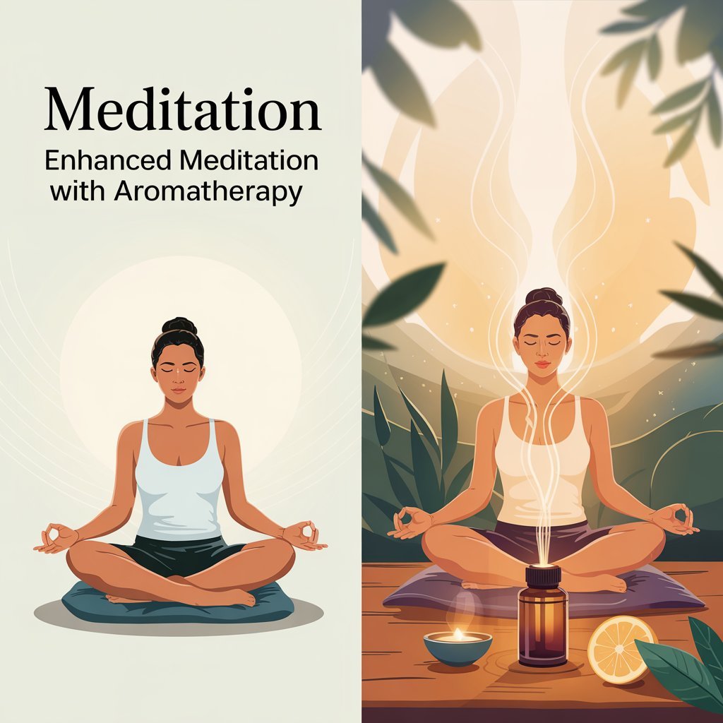 A split-image of meditation with and without essential oils, highlighting enhanced tranquility.