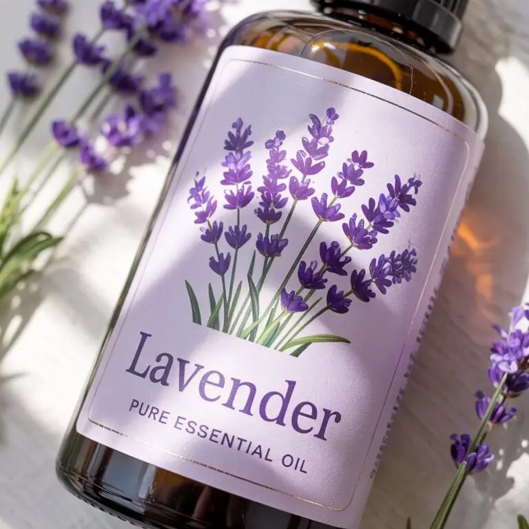 An essential oil label for an essential oil bottle featuring lavender flowers.