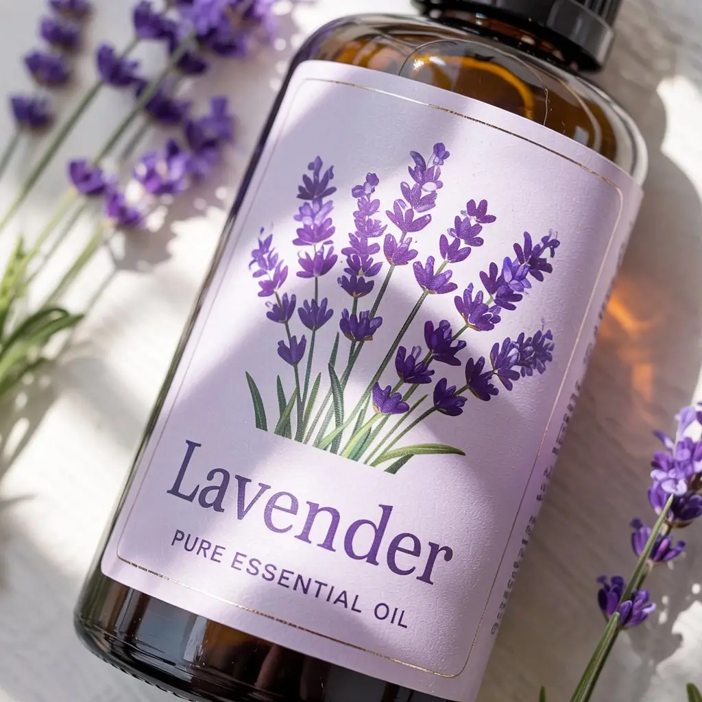 An essential oil label for an essential oil bottle featuring lavender flowers.