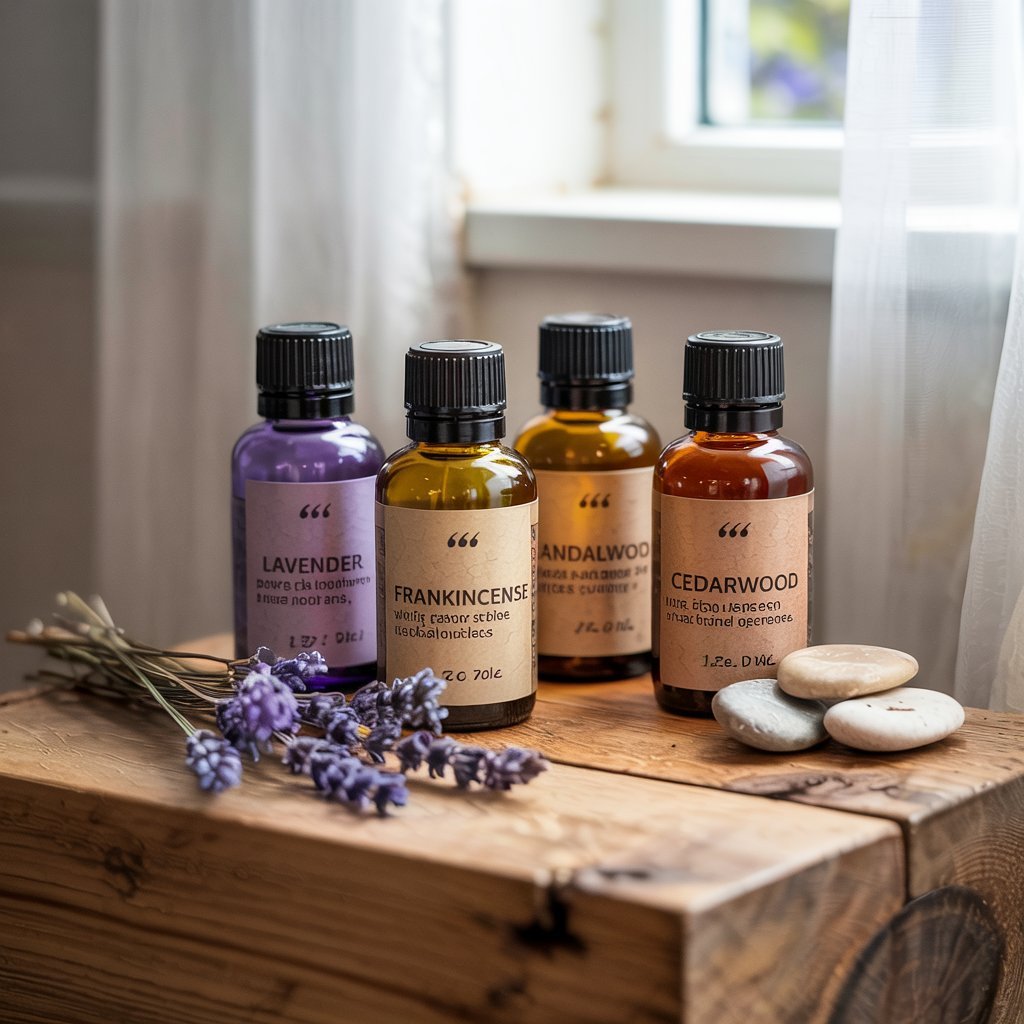Bottles of lavender, frankincense, sandalwood, and cedarwood aesthetically arranged with natural light.