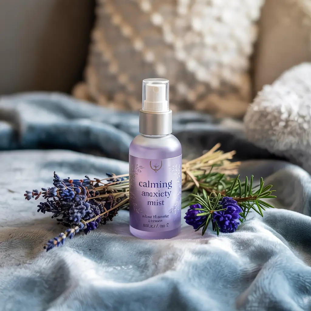 A tranquil scene featuring a "Calming Anxiety Relief Mist" spray bottle with calming lavender and juniper berries around, set on a soft blue background.