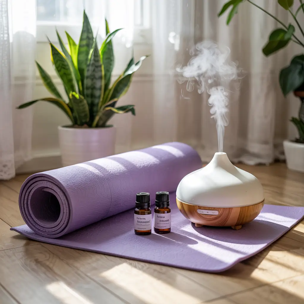 A peaceful meditation corner with a yoga mat